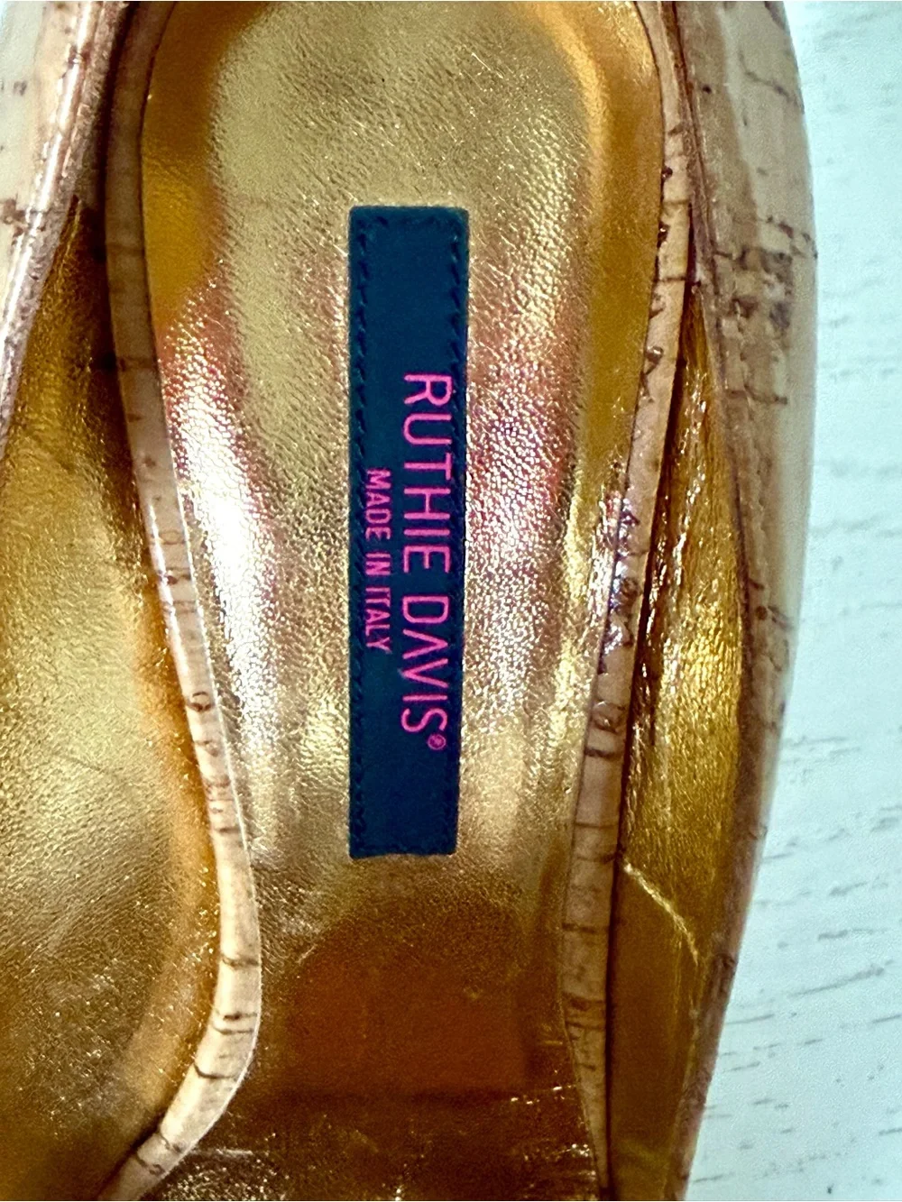Ruthie Davis Cork-Print Nude Platform Pumps with Gold Lining size 37